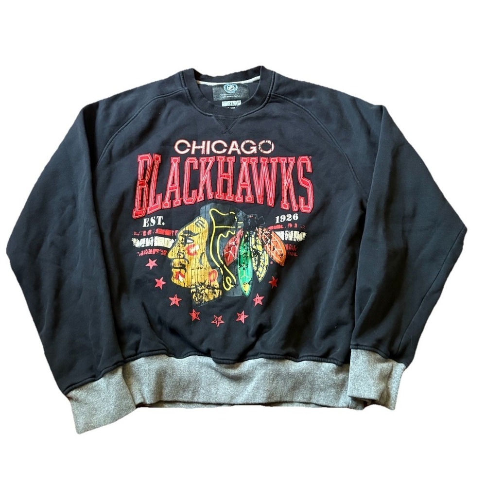 Chicago Blackhawks NHL Creweck Sweatshirt Black Logo XL Faded